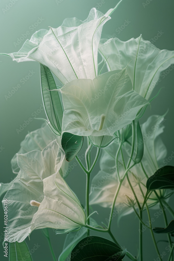 Poster abstract depiction of datura flowers with petals that morph into soft, flowing fabric in the wind,