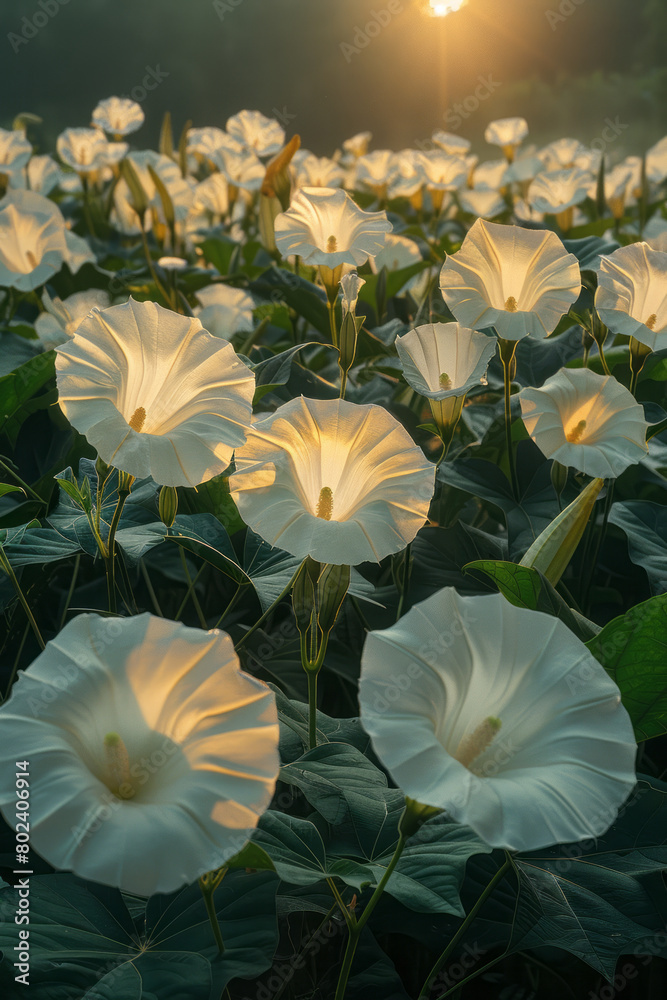 Poster A field of datura where each flower pulses with its own inner light, creating a symphony of illumination,