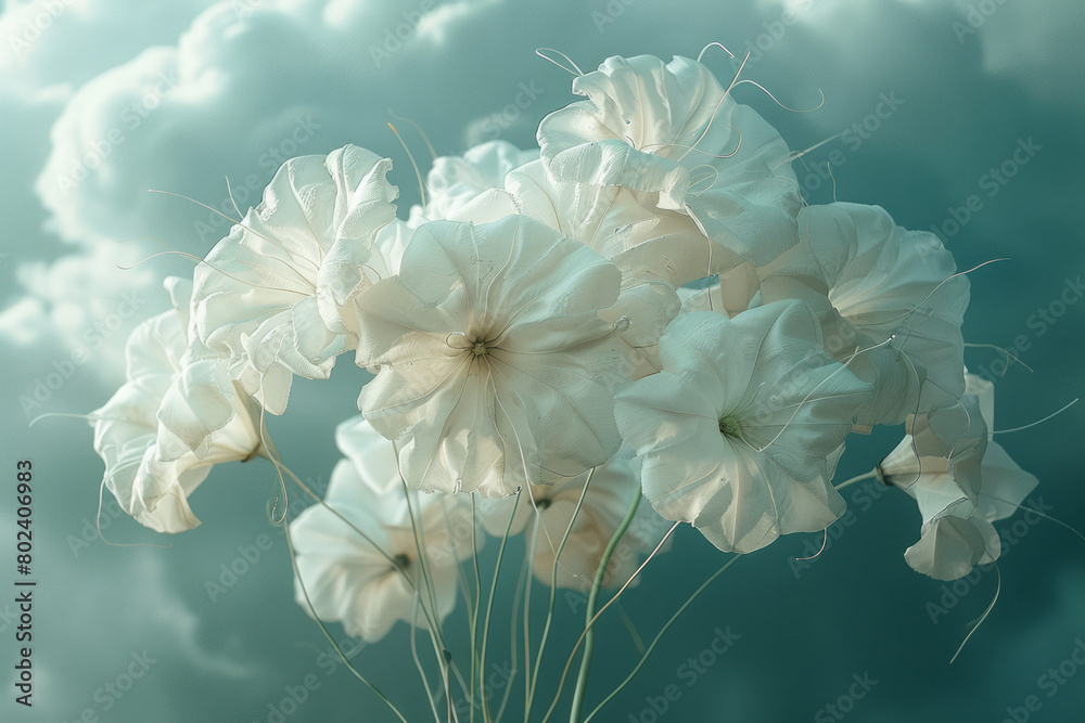 Poster Datura flowers depicted as a cluster of balloons, floating away into a cloudy sky, tethered by wispy strings,