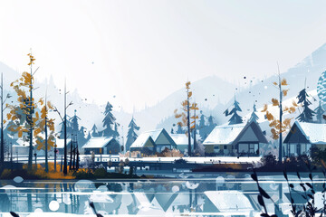 Fototapeta premium A painting of a snowy landscape with a small village in the background
