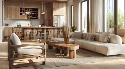  modern living room with light wood floors and white walls Ai generative