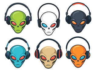 Set of 6 colorful Alien icons with headphones on. Digital design, isolated on white PNG