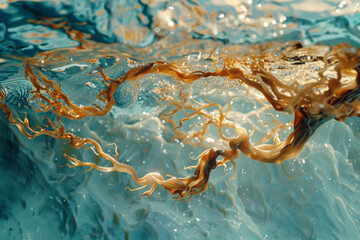 Abstract illustration of kava roots transforming into waves of water, creating a soothing oceanic scene,