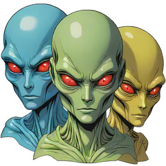 Close-Up Head portrait of 3 colorful alien faces with red eyes. Digital design concept, isolated on white PNG