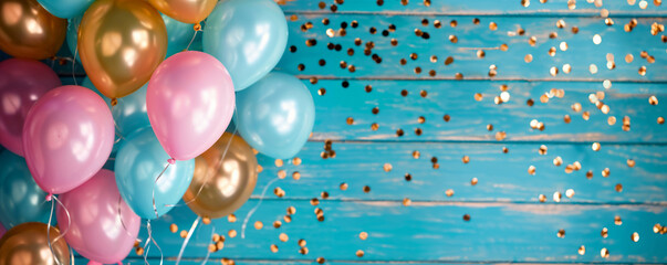Festive pastel pink, teal and gold balloons against a rustic blue wooden background, sprinkled with golden confetti. Party decorations for Father's day banner, birthdays, or graduation celebrations
