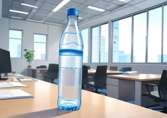 A bottle of water sits on the desk in the office.
