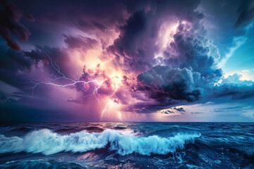 A stormy ocean with a bright purple sky and lightning bolts