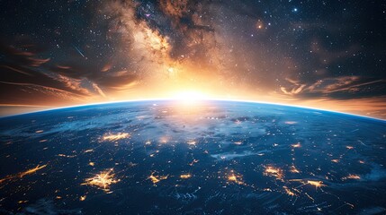 Fototapeta premium Panoramic view on planet Earth globe from space. Glowing city lights, light clouds