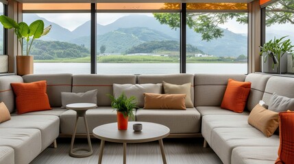 Obraz premium a high-tech train car interior boasting plush seating, expansive windows framing the breathtaking scenery of China's mountainous landscapes and rice fields, a cozy table for coffee or tea.