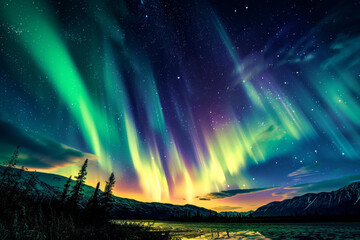 The sky is filled with a beautiful display of auroras