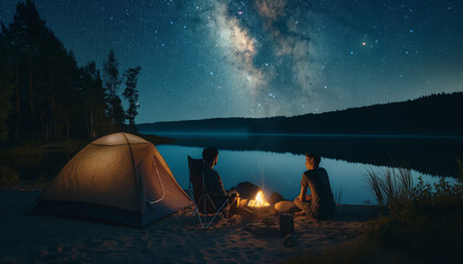The Night camping on shore. Couple hikers having a rest in front of tent at campfire under evening sky full of stars and Milky way on blue water and forest background - Powered by Adobe