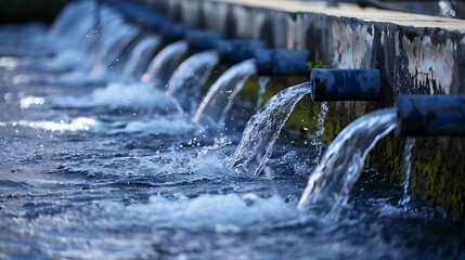 A close-up of a row of pipes releasing water into a river.