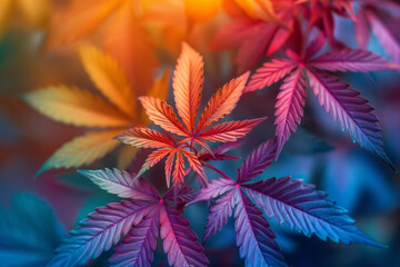 Cannabis leaves swirling in a kaleidoscope of vibrant colors, symbolizing euphoria,