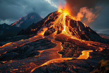 A volcano with a large hole in the top and a lot of lava coming out of it