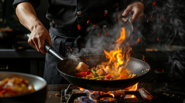 The chef in black uniform cooking thai food in hot wok pan. Chef cooking vegetable stir fry in wok pan at restaurant kitchen. Flames. Dark background Close Up.