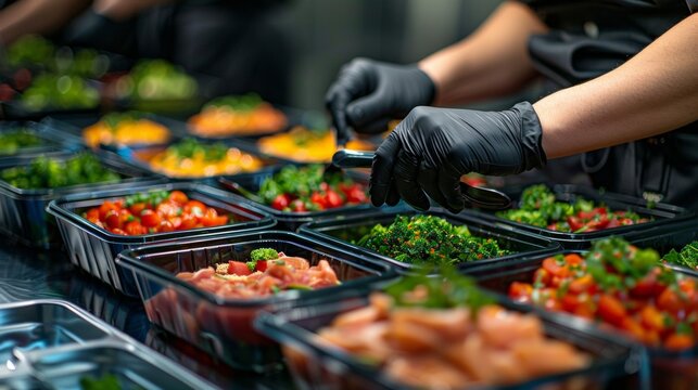 Worker preparing healthy meals in disposable containers