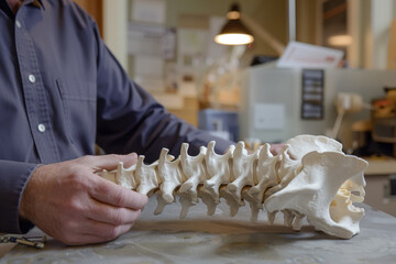 A man is holding a white skeleton of the spine