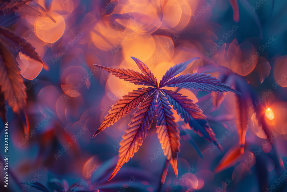Poster An animated sequence of cannabis leaves dancing, each movement changing their color and form, reflecting dynamic effects,