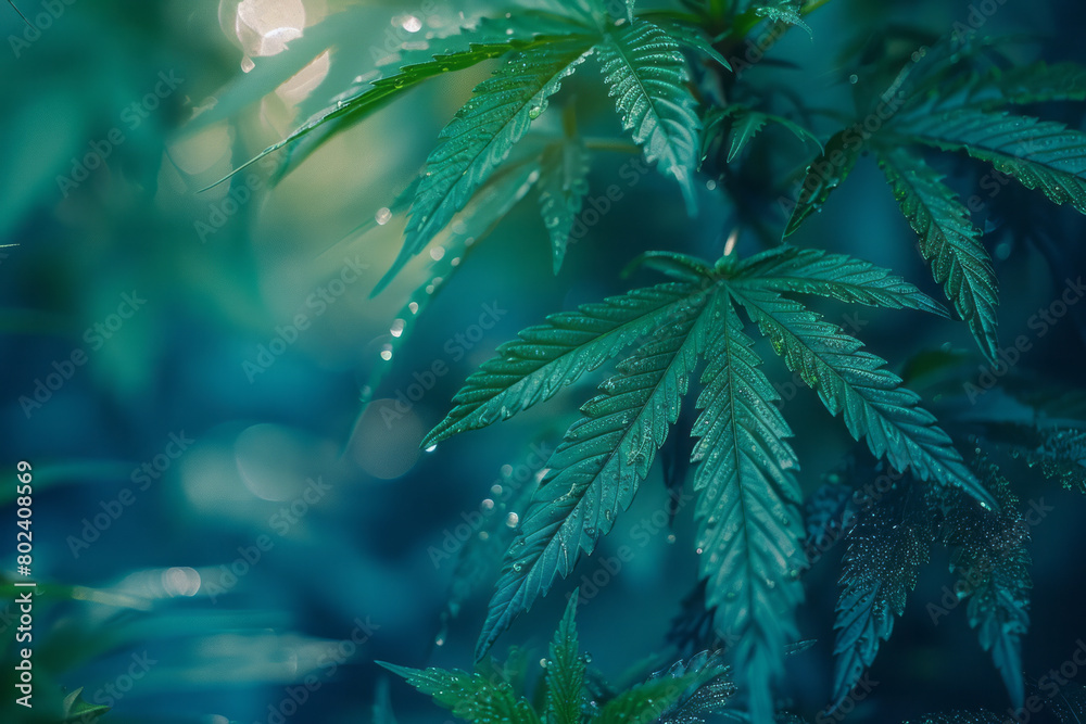 Poster An animated sequence of cannabis leaves dancing, each movement changing their color and form, reflecting dynamic effects,