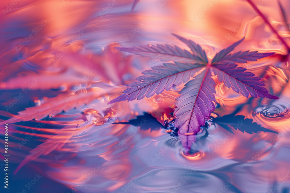 Poster an animated sequence of cannabis leaves dancing, each movement changing their color and form, reflec