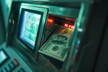 A bank machine with a green screen and a red light