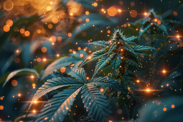 A futuristic view of cannabis plants, with geometric leaves that emit a soft, soothing glow,