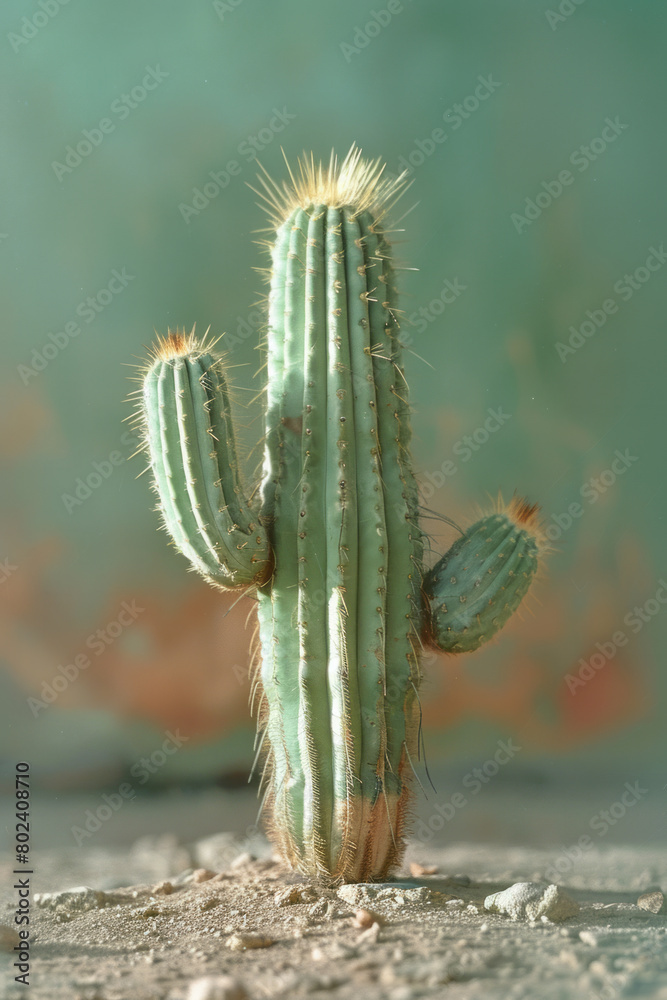 Poster a single san pedro cactus rendered in a cubist style, broken into dynamic, abstract forms,