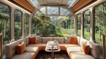 a high-tech train car interior boasting plush seating, expansive windows framing the breathtaking...