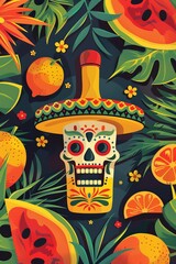Skull in Sombrero Surrounded by Fruit