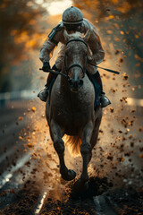 Naklejka premium Jockey on a racehorse, speeding towards the finish line, dirt flying under hoof,