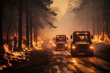 Big trucks are coming with help to extinguish the forest fire.