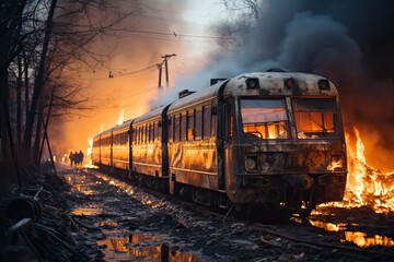 Fire at the railway station. A train car caught fire during the accident. A rocket attack on the civilian population during the war.