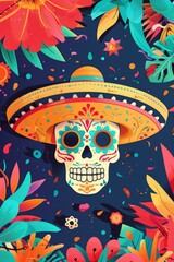 Skull Wearing Sombrero Surrounded by Flowers