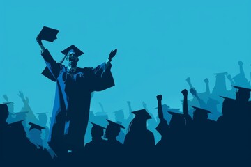 illustration of an average looking man in a cap and gown holding his diploma up high, standing out from the crowd as he celebrates with friends at a graduation ceremony Generative AI