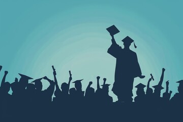 illustration of college graduation, silhouettes with clear outlines and blurred background in shades of blue Generative AI