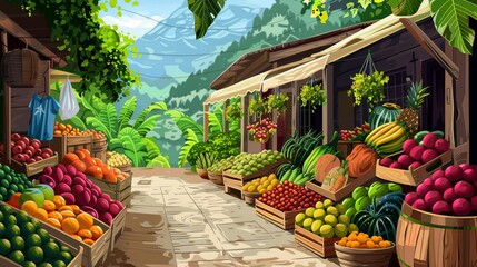 Vibrant Fruit and Vegetable Stand Painting. Generative AI - Powered by Adobe