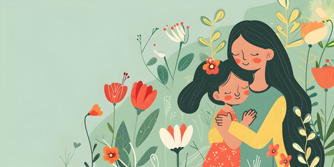 Mothers day flat illustration with a young mother, hugging her daughter on flowers background, Cute cartoon characters, pastel colors. Holiday family concept in vector style with copy space.