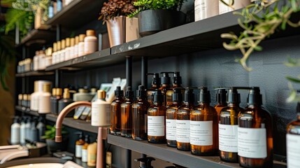 a beauty store adorned with sleek shelves showcasing an array of skincare products, featuring luxurious facial masks elegantly packaged in brown glass bottles.