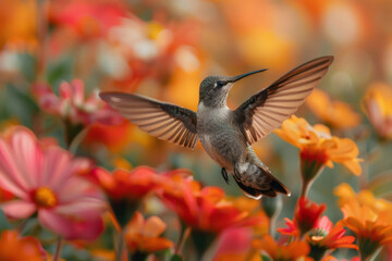 Hummingbird hovering with rapid wing beats in a colorful flower garden,