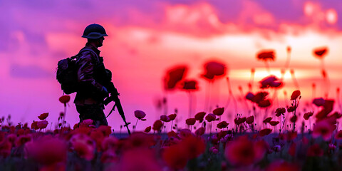 silhouette of a soldier in a poppy field, ai generated.