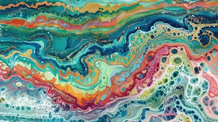 A vibrant painting depicting multiple layers of colorful fluid blending and flowing across the canvas