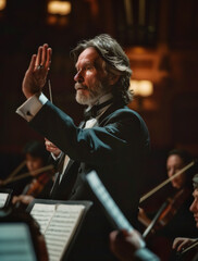A senior male orchestra conductor passionately directs a symphony on stage in an ornate concert...