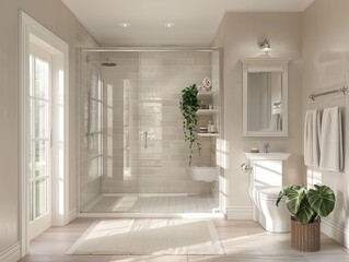 Elegant and functional bathroom setup with a clear glass shower door opening to a brightly lit, tiled shower area, emphasizing space and transparency