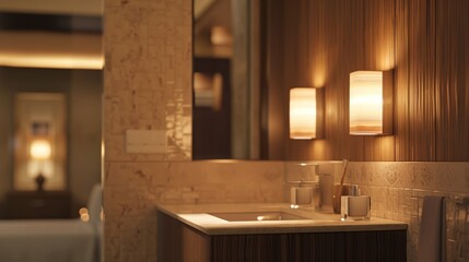 Detailed view of a bathroom's ambient lighting in high-res, focusing on the warm glow from wall-mounted sconces that enhance the serene atmosphere