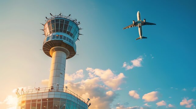 Commercial airplane flying over airport air traffic control tower against blue sky at sunset.