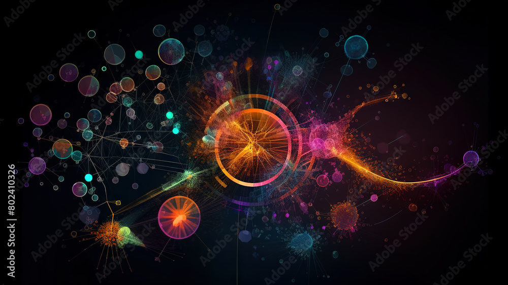 Poster abstract scientific concept with connected cells and particles. science microscopic background.