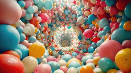 A multitude of balloons in various colors fills a room, creating a vibrant and festive atmosphere