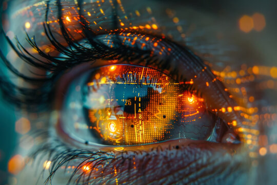 A close-up of a digital eye with the rest of the face pixelated, focusing on surveillance culture,