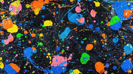 Abstract painting featuring vibrant multicolored paint splattered onto a dark black background