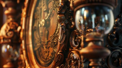 Detailed view of an ornate, ancient hourglass in high-res, highlighting the intricate carvings on the wooden frame and the delicate glass bulbs